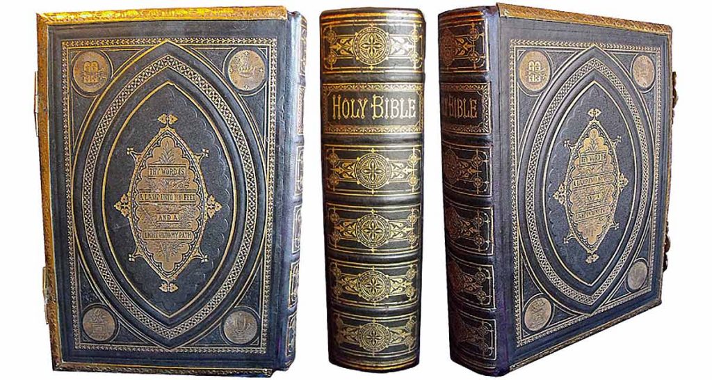 The same Bible rebacked, with its original spine mounted onto the new leather spine. Bible restoration