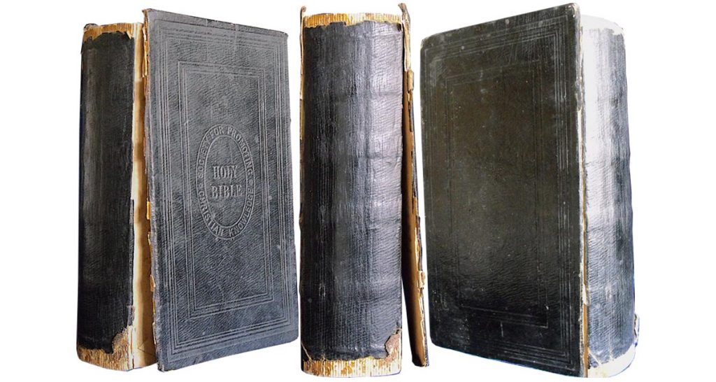 This small Victorian family Bible bound in leather cloth had lost its original spine.